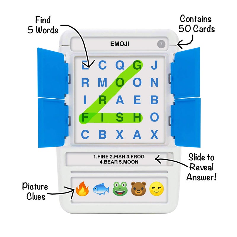 100 PICS Word Search Travel Game - 100 Puzzles with Picture Clues | 50 Wipe Clean Cards with Slide Reveal case and Pen | Activity, Gift, Stocking Stuffer | for Kids and Adults, Age 6+ - Image 2